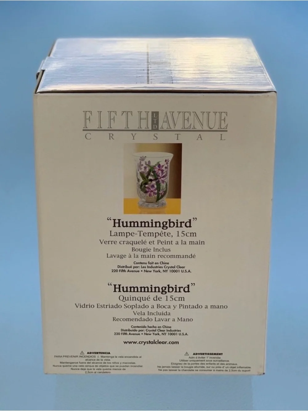 Fifth Avenue Crystal Hummingbird Crackle Glass 6” Hurricane Candle Holder